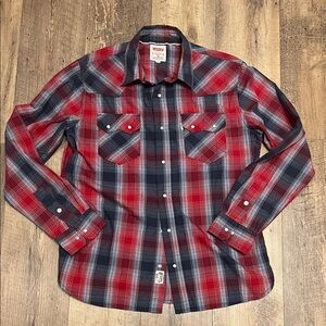 Levi's Vintage Style Red & Blue Plaid Pearl Snap Button Down Shirt, Size M, EUC